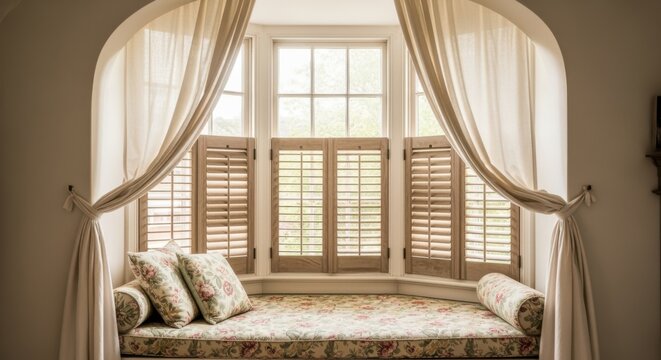 Cozy Window Seat with Curtains and Pillows in Bay Window.