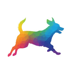 Vibrant geometric dog silhouette leaps joyfully, radiating playful energy and modern artistic flair