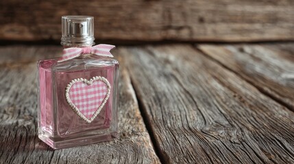 Romantic Pink Perfume Bottle with Heart Design on Rustic Wood