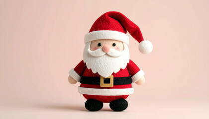 Obraz premium 赤い衣装をまとったフェルト製のかわいいサンタクロース人形。手作り感あふれる温かい質感と優しい表情が、クリスマスの楽しい雰囲気と冬の温もりを伝えるデザイン素材