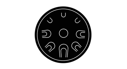 Black Circular Symbol with White U-Shaped Markings and Central Circle.