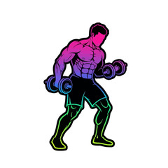 Muscular man lifting dumbbells with vibrant gradient colors, showcasing strength and dedication in a dynamic fitness pose.
