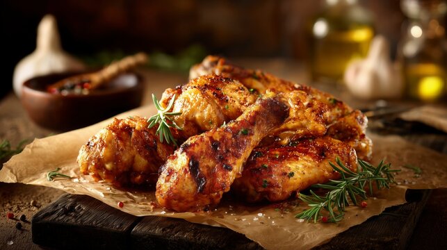 Muslos de pollo al horno, crujientes, en una mesa en un restaurante