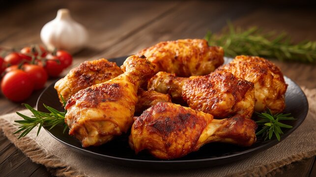 Muslos de pollo al horno, crujientes, en una mesa en un restaurante