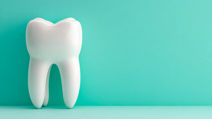 Close-up of perfectly white stylized human tooth model against clean, vibrant teal background with ample copy space, symbolizing dental health and oral care.