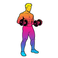 Muscular man confidently lifting dumbbells, showcasing strength and dedication to fitness with vibrant gradient colors