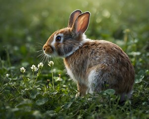 Fototapeta premium Adorable fluffy rabbit in lush green grass with delicate white flowers, captured in soft natural light.