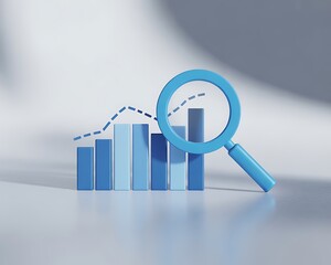 3D blue bar graph with line chart and magnifying glass on white surface data analysis