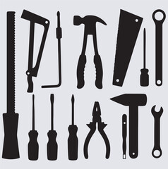 set of construction tools silhouette vector art illustration, set of different tools