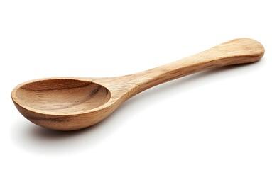 A wooden spoon resting on a plain white background, showcasing its natural texture and color.