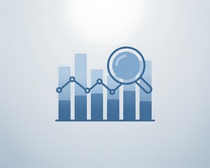 Bar graph with line chart and magnifying glass on light blue background data analytics