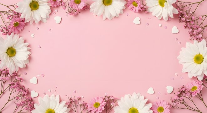 Concepto de decoración del Día de la Mujer feliz hecho de flores sobre fondo de pastel rosado.