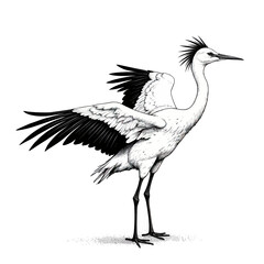 Obraz premium A detailed and elegant black and white ink drawing of a graceful heron or crane, showcasing its beautiful plumage in a classic, realistic ornithological style. 