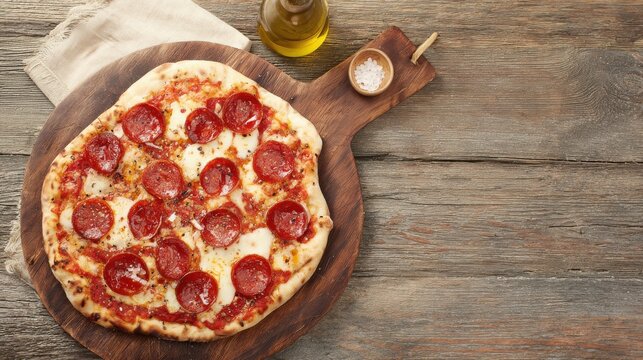 Tasty pizza with melted cheese presented on rustic surface, perfect for delivery services, family meals, or comfort food concepts.