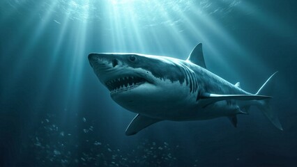 Fototapeta premium Great white shark underwater, ocean predator swimming. A powerful great white shark, a legendary ocean predator, glides gracefully through the dark blue depths. Sun rays filter down from the surface, 