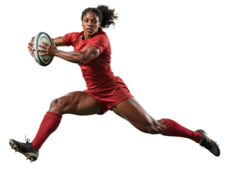 A muscular, dark-skinned woman wearing a red uniform leaps forward, holding a rugby ball with both hands, against a white background.