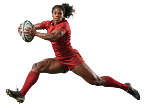 A muscular, dark-skinned woman wearing a red uniform leaps forward, holding a rugby ball with both hands, against a white background.