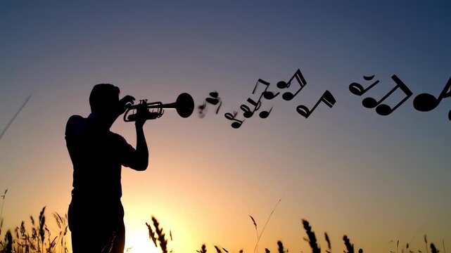 Silhouette of a person playing trumpet at sunset