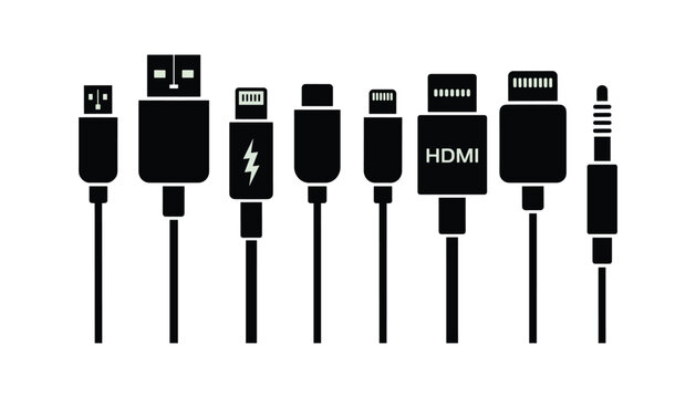 Set of different cable connectors icons including USB, HDMI, audio jack, charging cable, smartphone connector, technology illustration, electronic device accessory, flat design.