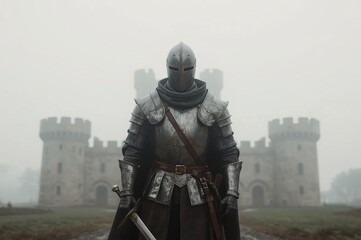 Obraz premium Medieval knight stands guard, foggy castle background