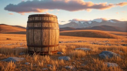 A weathered wooden barrel stands alone in a dry golden prairie landscape at sunset with distant mountains and dramatic clouds