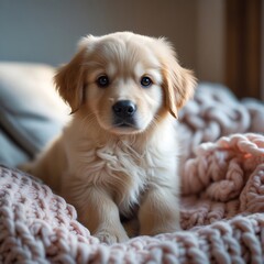 photo of a Golden retriever puppy with fluffy fur and big brown eyes sitting on a plush cozy bed with a soft pastel-colored knitted blanket, illuminated by soft natural indoor lighting.