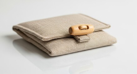 Neutral Beige Fabric Wallet with Wooden Button on White Background