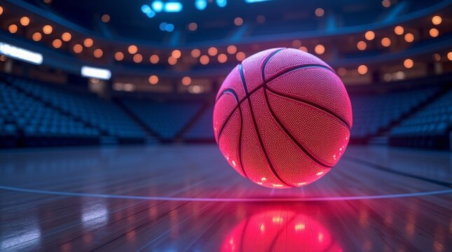 Glowing basketball on polished court in stadium neon - Powered by Adobe