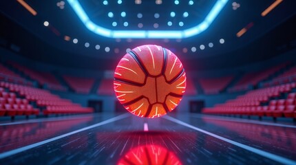 Glowing basketball suspended above court in illuminated stadium image