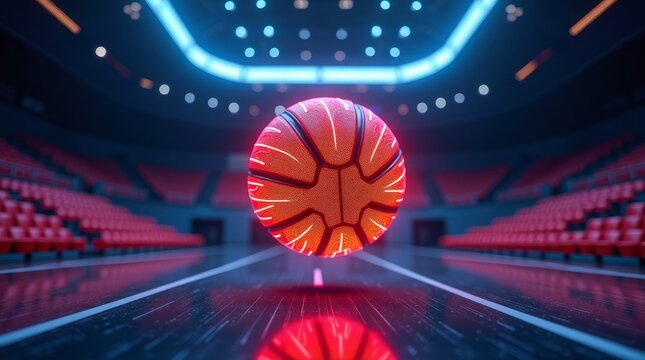 Glowing basketball suspended above court in illuminated stadium image
