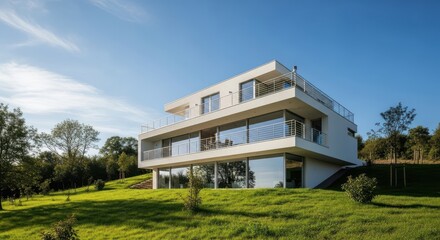 Modern white multi story house with large windows nestled on a lush green hillside