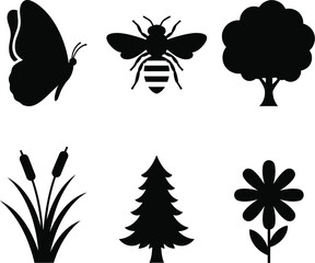 Nature Silhouette Icons of Insects, Trees, Flowers and Grass
