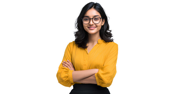 beautiful young indian woman in a yellow blouse and black pants, wearing glasses, smiling with her arms crossed on a white background 