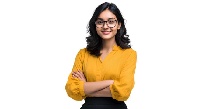 beautiful young indian woman in a yellow blouse and black pants, wearing glasses, smiling with her arms crossed on a white background  - Powered by Adobe
