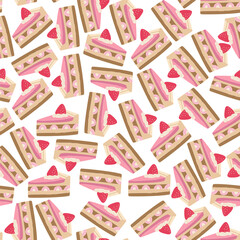 Strawberry cake slice seamless pattern. Birthday dessert background. Holiday cake pie with berry wallpaper illustration. Flat sweet vector clip art .