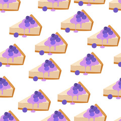 Blueberry cake piece seamless pattern. Birthday dessert. Holiday cake slice with blueberry illustration. Flat sweet vector clip art background on white. 