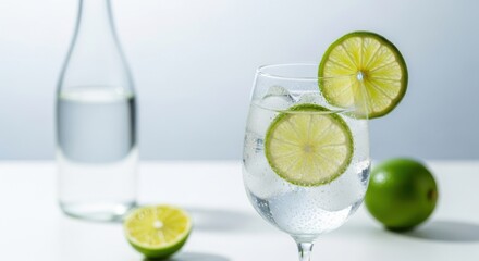 Refreshing Clear Lemon Lime Sparkling Water in Glass with Slices and Fresh Lime on White Surface