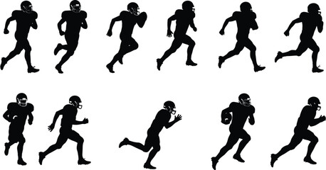 Silhouettes of American football players running, sprinting, and evading opponents, dynamic action shots, athletic movement, football game concept
