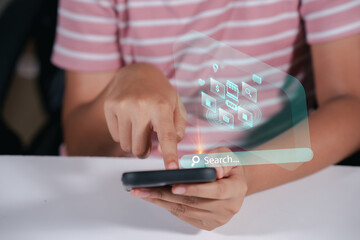 Woman using mobile smartphone with E-commerce technology icon on virtual global internet network, online retail shopping digital app.