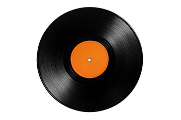 Fototapeta premium Black Vinyl Record Disc with Orange Label Isolated on Transparent Background