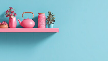 Pink shelf with assorted decorative items against a teal wall