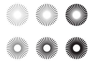 Fototapeta premium Radial sun burst. Black-white round sunburst icons. Starburst circles. Abstract stripes with centre. Sunburst elements isolated on white background. Circular stars. Vector.