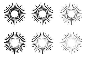 Radial sun burst. Black-white round sunburst icons. Starburst circles. Abstract stripes with centre. Sunburst elements isolated on white background. Circular stars. Vector.