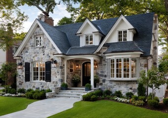 a classic brownstone and white house with a blue roof in the upper bronx, a grassy front yard with small bushes, a brick walkway leading up to the door from the street