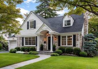 a classic brownstone and white house with a blue roof in the upper bronx, a grassy front yard with small bushes, a brick walkway leading up to the door from the street