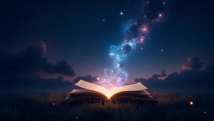 Magical Open Book Glowing with Celestial Stardust at Night: Fantasy, Mystery, and Wonder