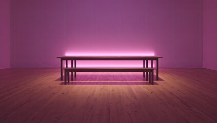 Empty, minimalist dining room.  Wooden table and benches against a vibrant pink wall with glowing light
