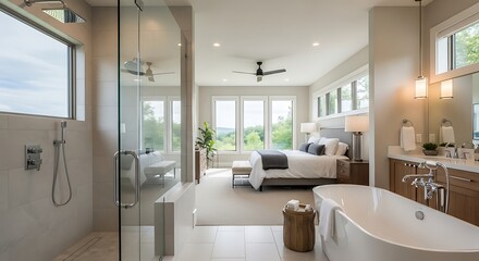 Luxury Master Bedroom and Ensuite Bathroom with Bathtub and Shower.