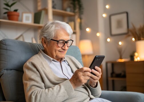 Elderly woman with glasses smiling while using a smartphone in a cozy living room - Powered by Adobe