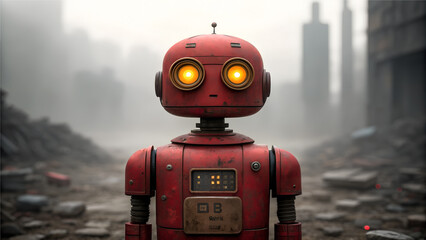 Fototapeta premium Red retro robot with glowing orange eyes in a desolate city ruin vintage mechanical